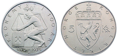 Valør: 5 Kr - Norge - Minnemynt for Kronemynten 100 år - Årstall: 1975 - Kvalitet: 0