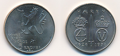 Valør: 5 Kr - Norge - Minnemynt Hæren 350 år - Årstall: 1978 - Kvalitet: 0 noe patina