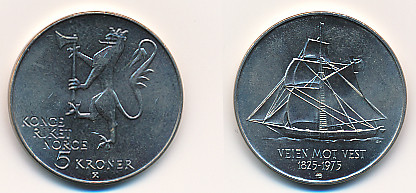 Valør: 5 Kr - Norge - Minnemynt for Norsk Utvandring 150 år - Årstall: 1975 - Kvalitet: 0