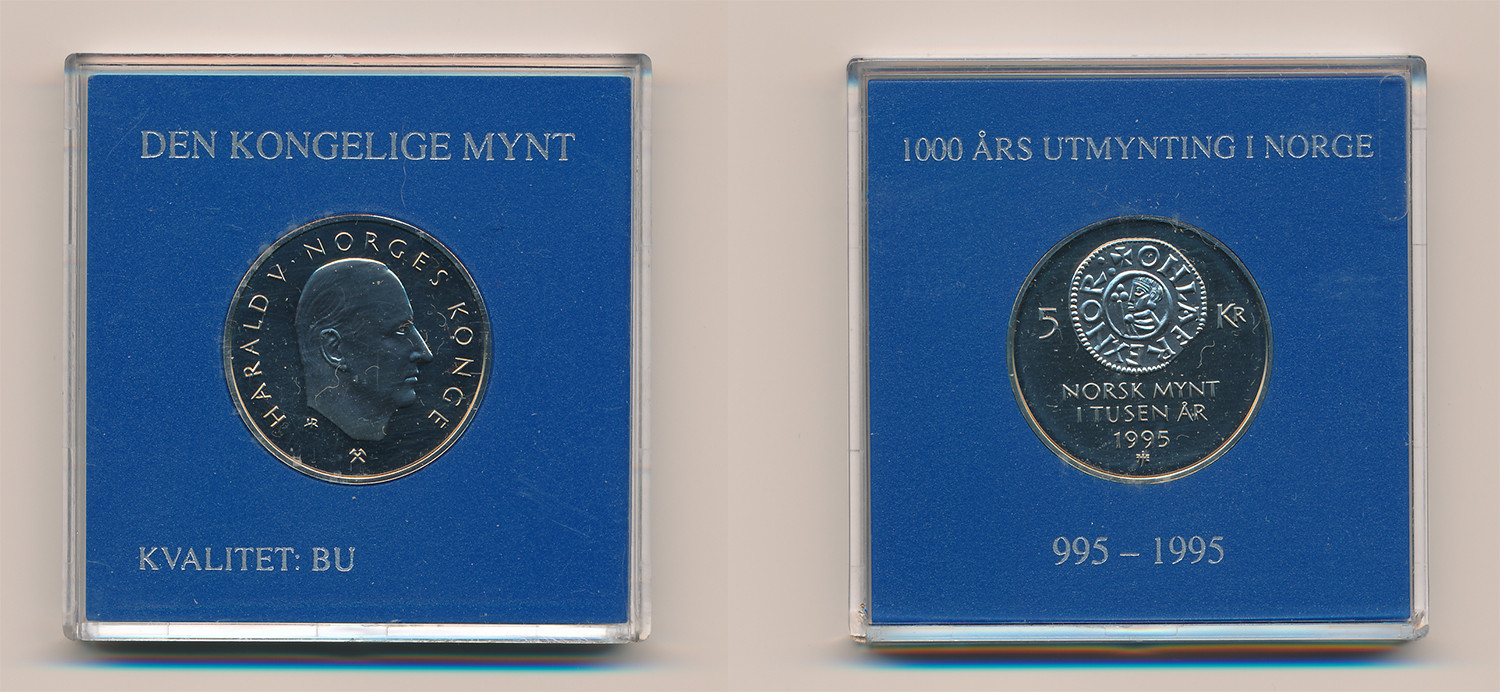 Valør: 5 Kr - Norge - Minnemynt for Norsk Mynt 1000 år - Årstall: 1995 - Kvalitet: BU