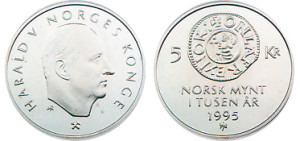 Valør: 5 Kr - Norge - Minnemynt for Norsk Mynt 1000 år - Årstall: 1995 - Kvalitet: 0 noe patina