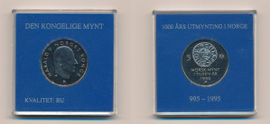 Valør: 5 Kr - Norge - Minnemynt for Norsk Mynt 1000 år - Årstall: 1995 - Kvalitet: BU